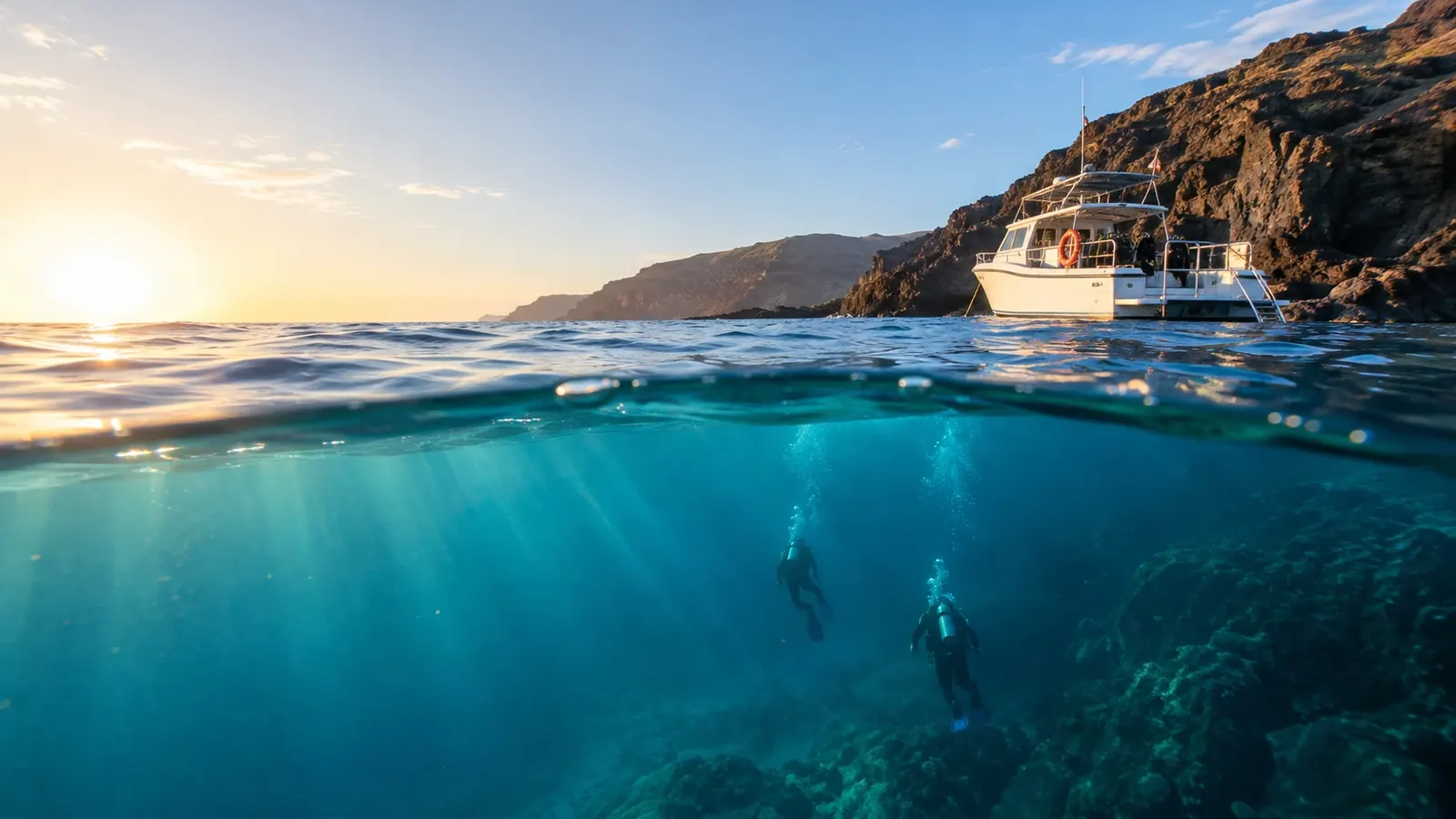 Barco de buceo fondeado junto a un acantilado volcánico al atardecer; bajo la superficie, dos buceadores descienden entre rayos de luz