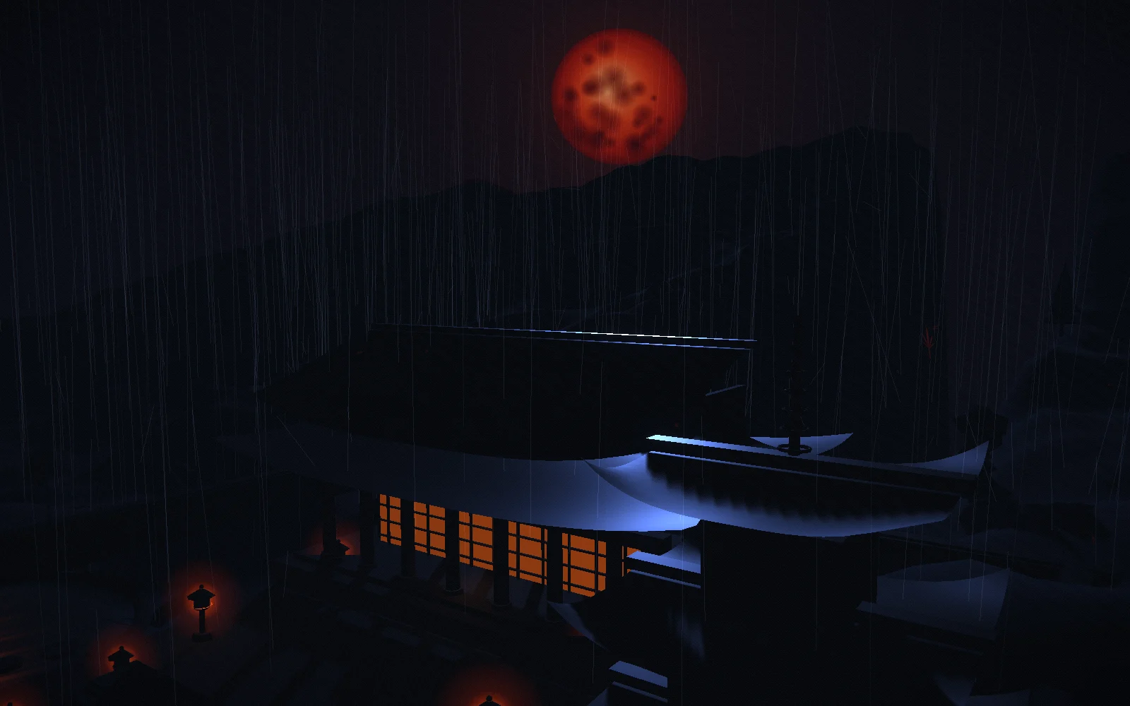 El tejado del templo desde arriba, con sus paneles iluminados pequeños bajo una luna bermellón y crestas de montaña superpuestas.